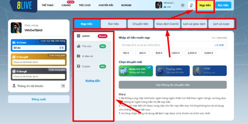 Các bước nạp tiền 8LIVE đơn giản và trực quan