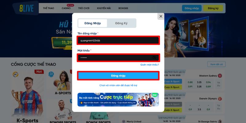Điền đầy đủ thông tin vào các ô và ấn đăng nhập 8LIVE