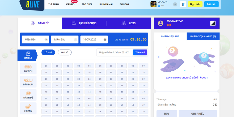 Giao diện chính của Xổ Số 8LIVE